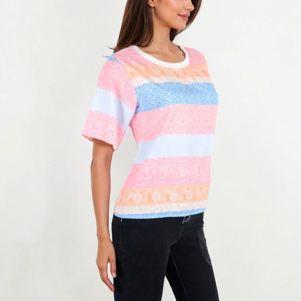 Short Sleeve Crew Neck Textured Stripe Pattern Casual Tee