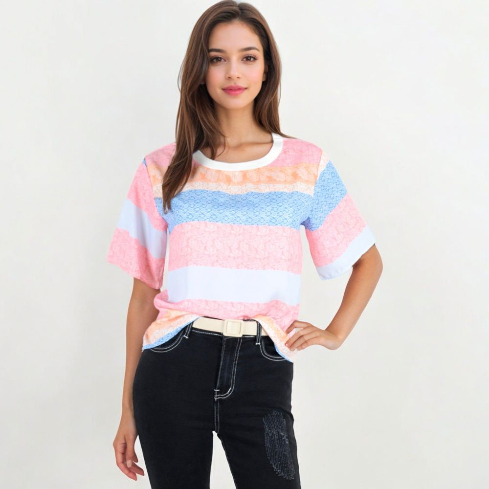 Short Sleeve Crew Neck Textured Stripe Pattern Casual Tee