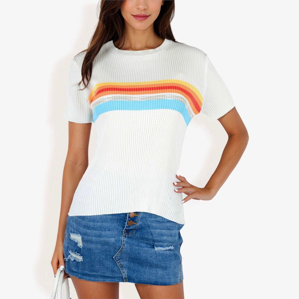 Short Sleeve Ribbed Knit Top Crew Neck Rainbow Stripe Detail Casual Fit T-Shirt