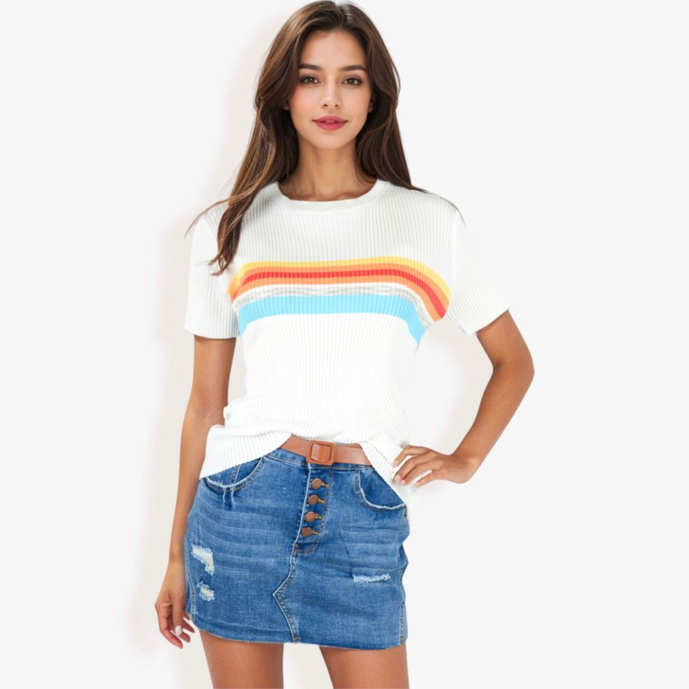 Short Sleeve Ribbed Knit Top Crew Neck Rainbow Stripe Detail Casual Fit T-Shirt