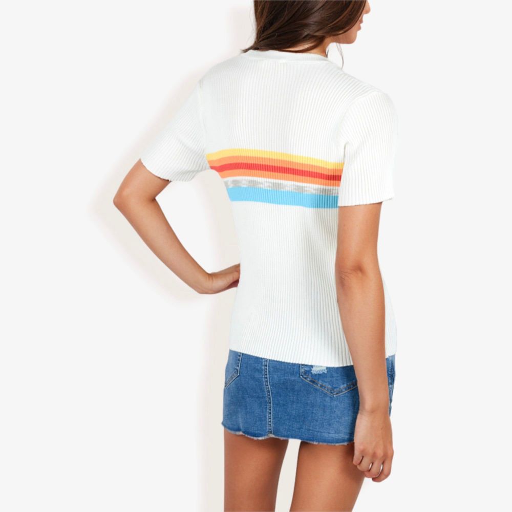 Short Sleeve Ribbed Knit Top Crew Neck Rainbow Stripe Detail Casual Fit T-Shirt