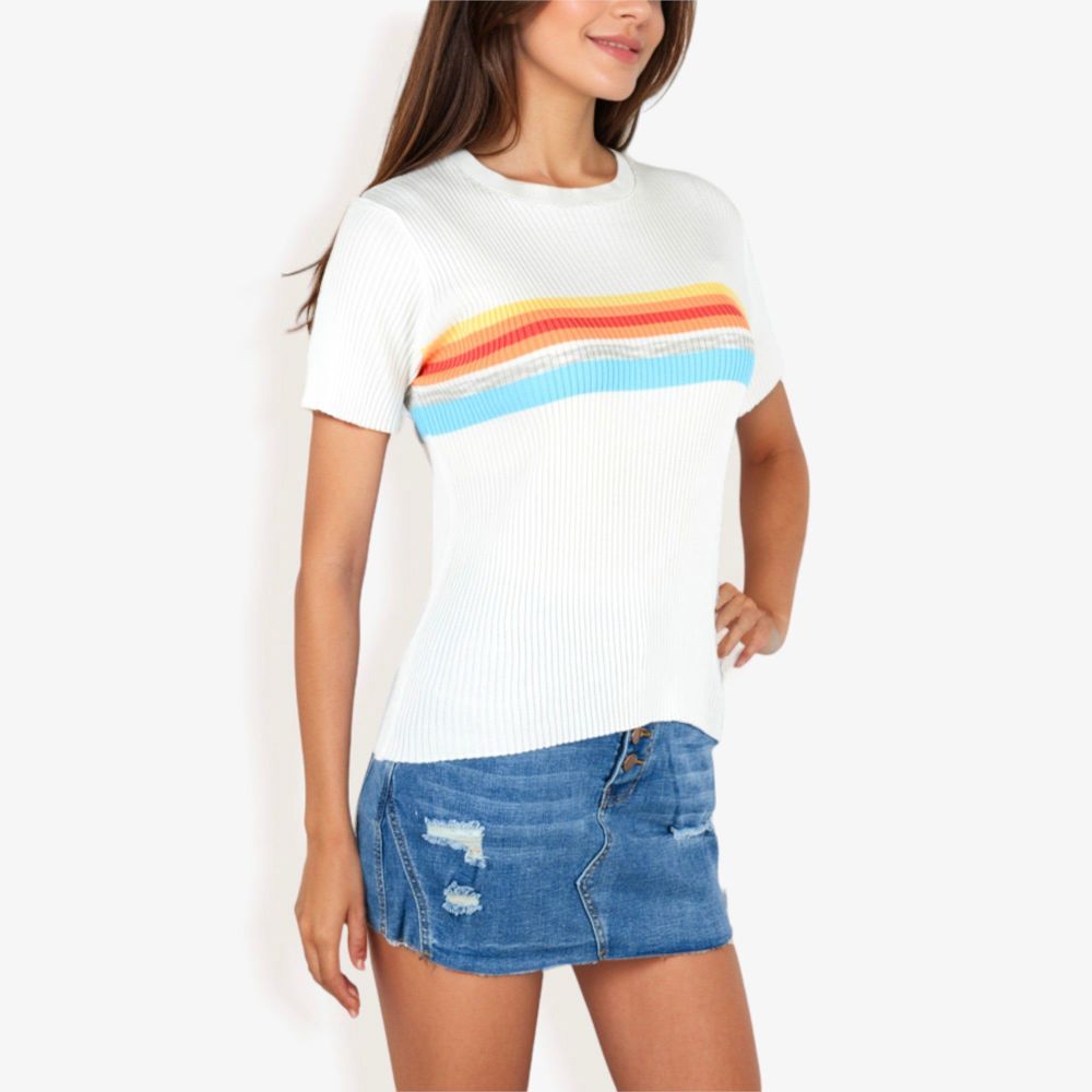 Short Sleeve Ribbed Knit Top Crew Neck Rainbow Stripe Detail Casual Fit T-Shirt