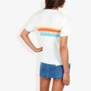 Beige Medium Short Sleeve Ribbed Knit Top Crew Neck Rainbow Stripe Detail Casual Fit T-Shirt