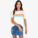 Beige Medium Short Sleeve Ribbed Knit Top Crew Neck Rainbow Stripe Detail Casual Fit T-Shirt