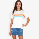 Beige Medium Short Sleeve Ribbed Knit Top Crew Neck Rainbow Stripe Detail Casual Fit T-Shirt