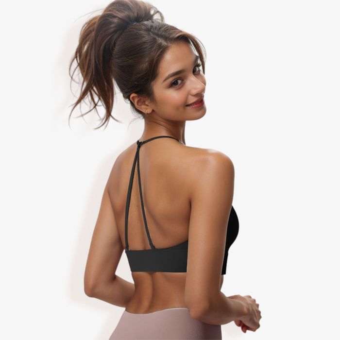Women's Strappy Back Sports Bra with Adjustable Halter Neck and Supportive Fit