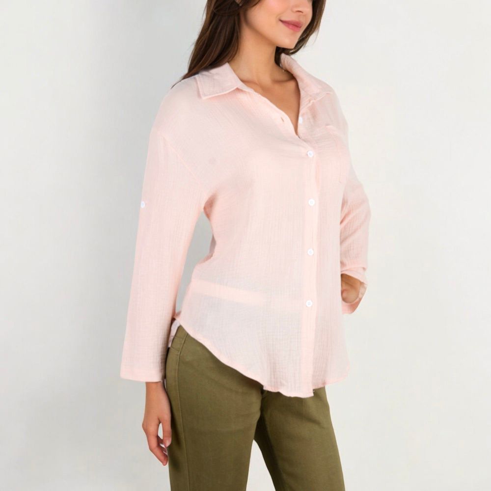 Long Sleeve Button Down Crinkled Blouse With Chest Pocke