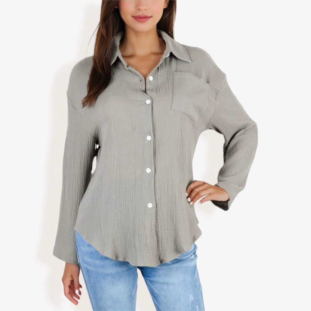 Long Sleeve Button Down Crinkled Blouse With Chest Pocke