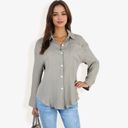 Green Medium Long Sleeve Button Down Crinkled Blouse With Chest Pocke