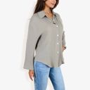 Green Medium Long Sleeve Button Down Crinkled Blouse With Chest Pocke