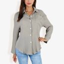 Green Medium Long Sleeve Button Down Crinkled Blouse With Chest Pocke