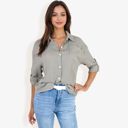 Green Medium Long Sleeve Button Down Crinkled Blouse With Chest Pocke