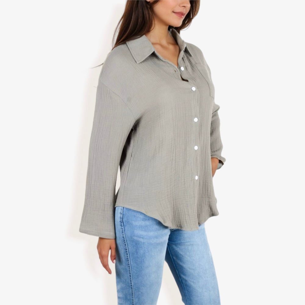 Long Sleeve Button Down Crinkled Blouse With Chest Pocke