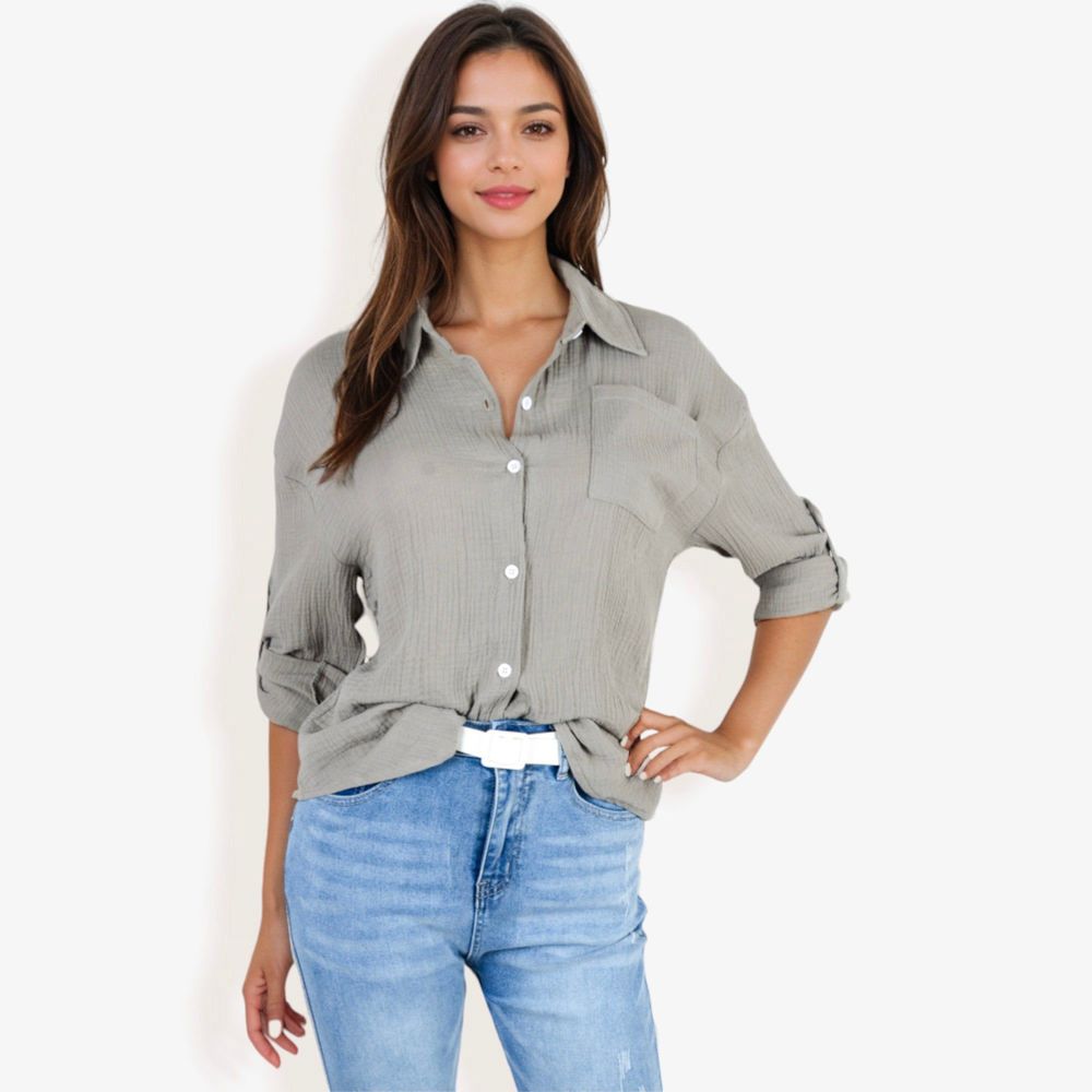 Long Sleeve Button Down Crinkled Blouse With Chest Pocke