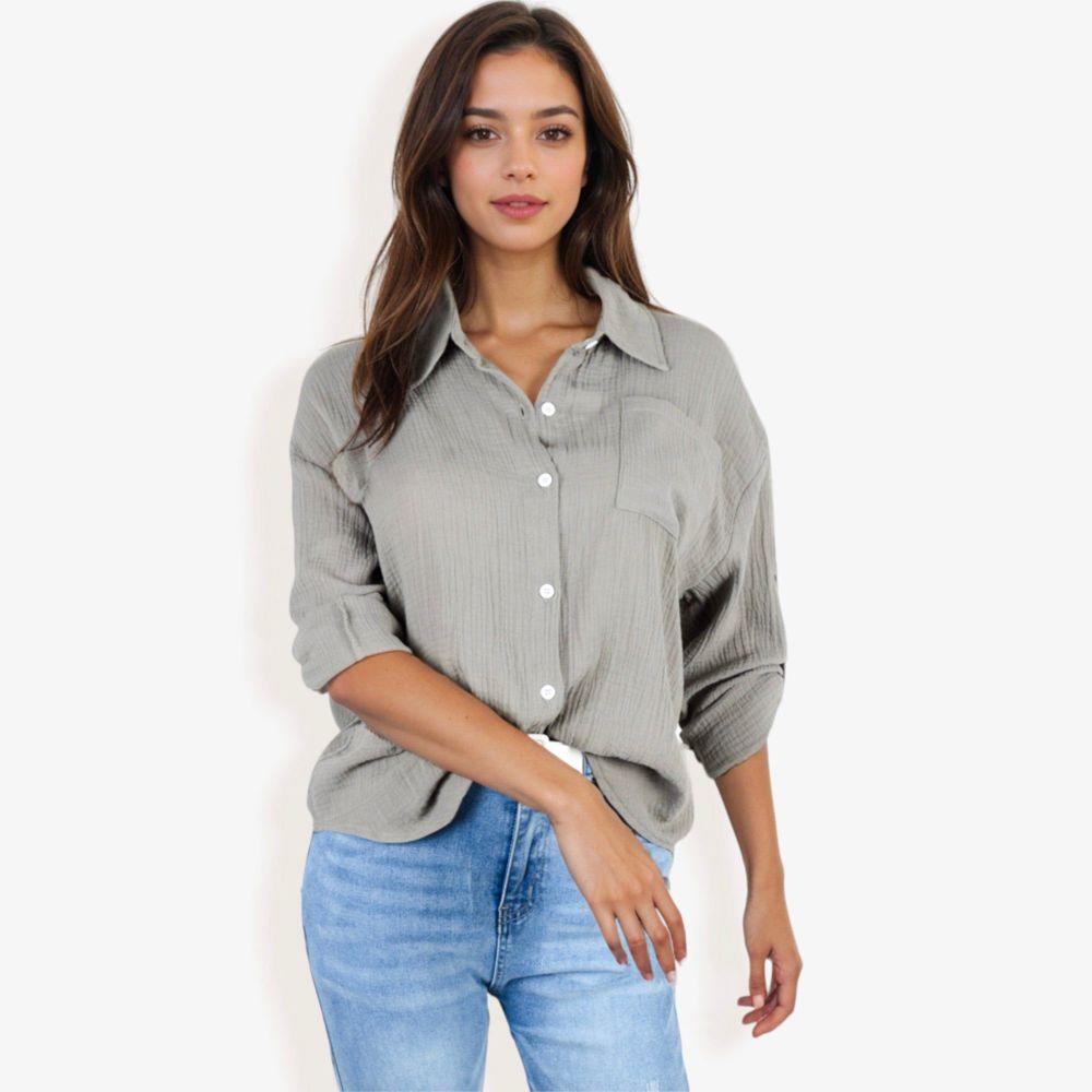 Long Sleeve Button Down Crinkled Blouse With Chest Pocke