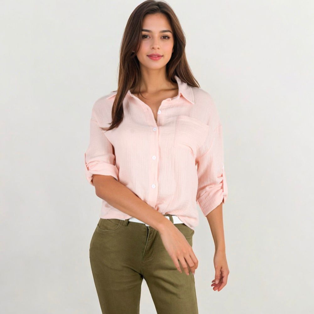 Long Sleeve Button Down Crinkled Blouse With Chest Pocke