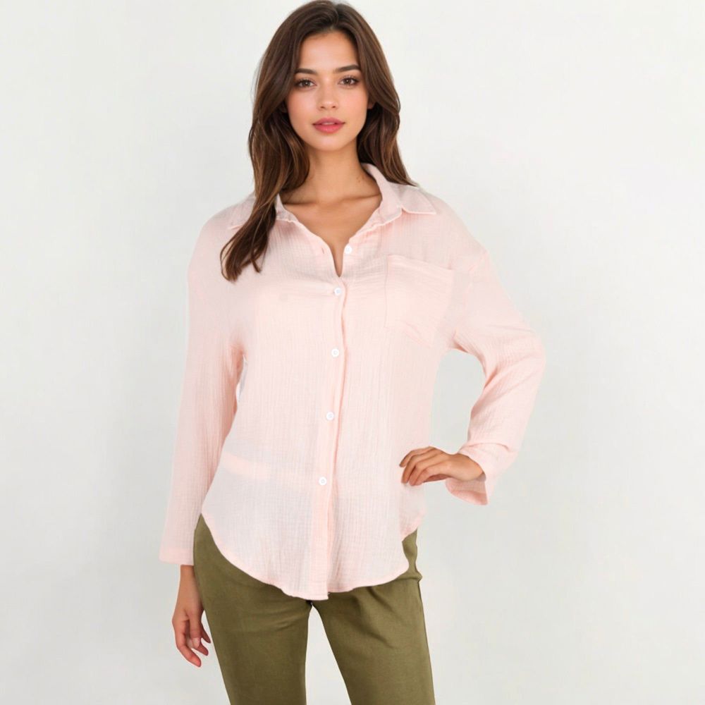 Long Sleeve Button Down Crinkled Blouse With Chest Pocke