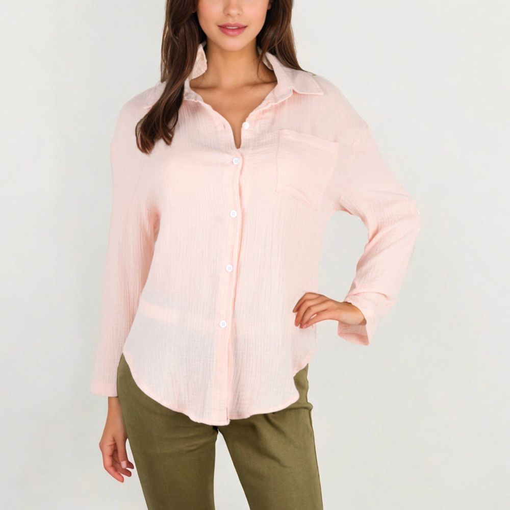 Long Sleeve Button Down Crinkled Blouse With Chest Pocke