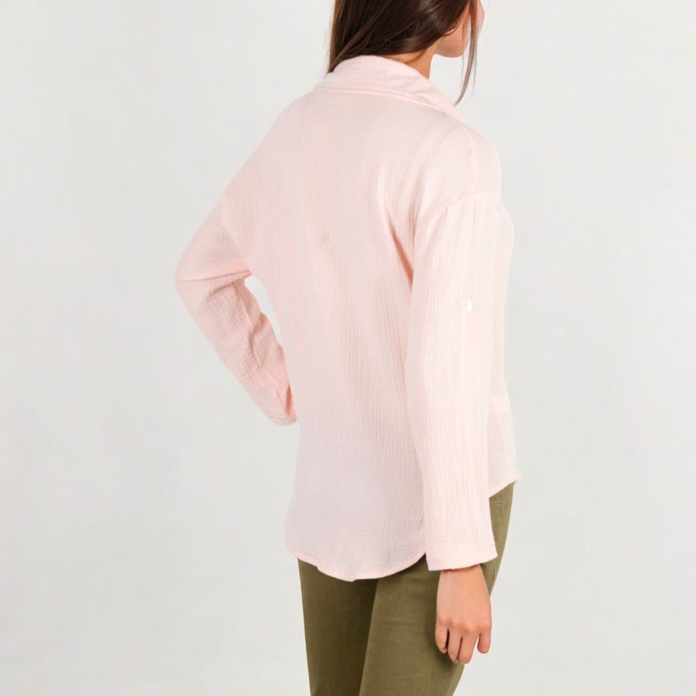 Long Sleeve Button Down Crinkled Blouse With Chest Pocke