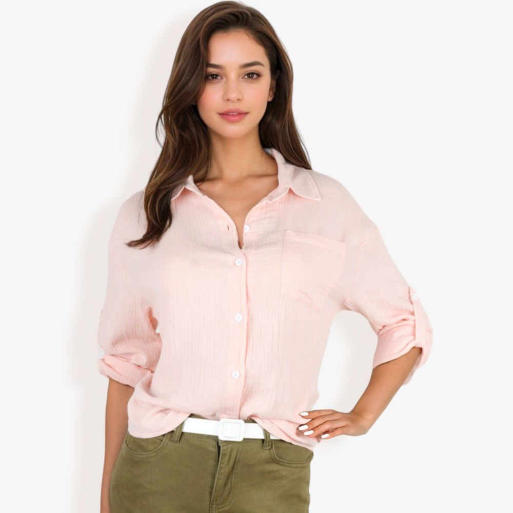 Long Sleeve Button Down Crinkled Blouse With Chest Pocke