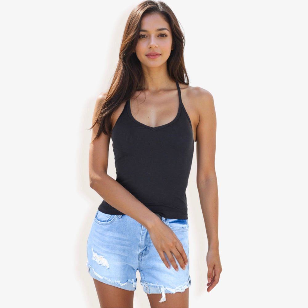 Ribbed Knit Tank Top with Deep V-Neck and Racerback Design