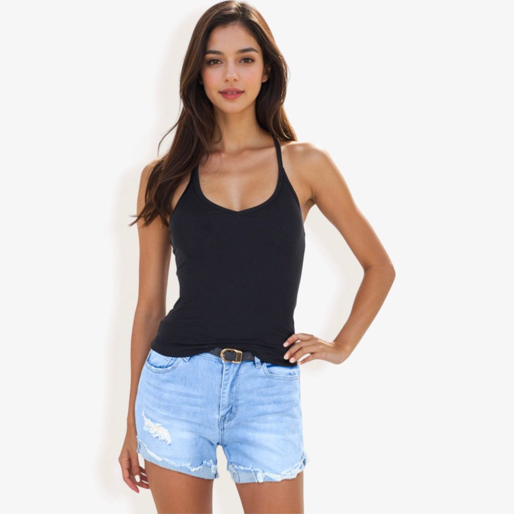 Ribbed Knit Tank Top with Deep V-Neck and Racerback Design