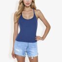 Blue Large Ribbed Knit Tank Top with Deep V-Neck and Racerback Design