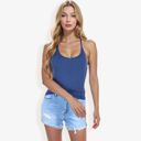 Blue Large Ribbed Knit Tank Top with Deep V-Neck and Racerback Design