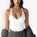 White Large Ribbed Knit Tank Top with Deep V-Neck and Racerback Design