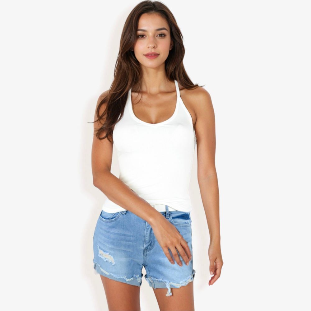 Ribbed Knit Tank Top with Deep V-Neck and Racerback Design