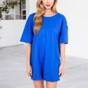 Blue Large Short Sleeve V-Neck Romper With Relaxed Fit