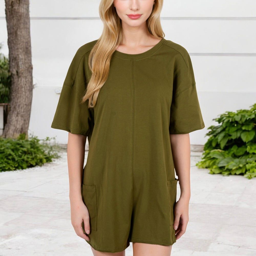 Short Sleeve V-Neck Romper With Relaxed Fit