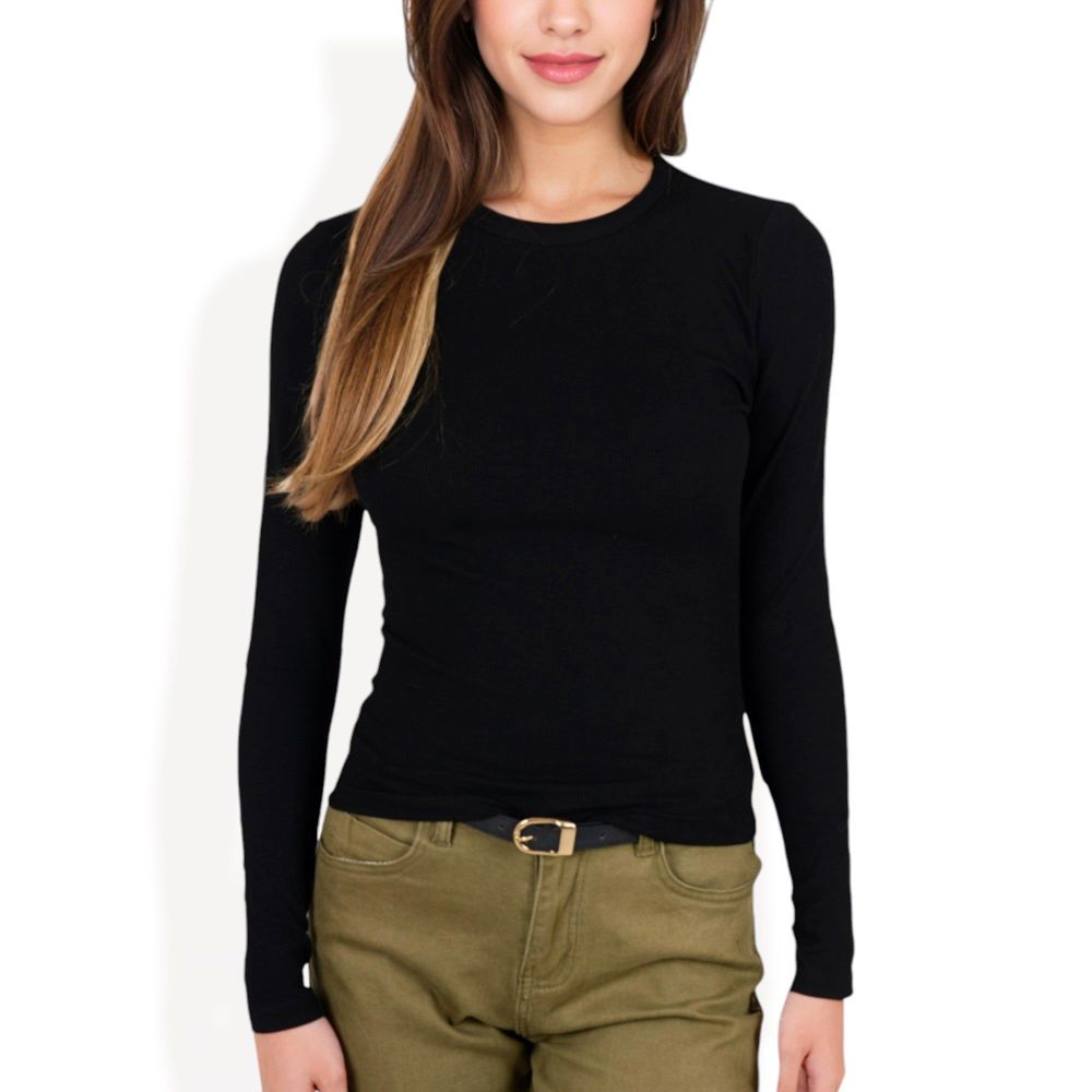 Ribbed Knit Long Sleeve Top with Crew Neck and Slim Fit Design