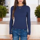 Blue Large Ribbed Knit Long Sleeve Top with Crew Neck and Slim Fit Design