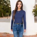 Blue Large Ribbed Knit Long Sleeve Top with Crew Neck and Slim Fit Design