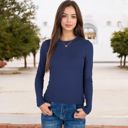 Blue Large Ribbed Knit Long Sleeve Top with Crew Neck and Slim Fit Design