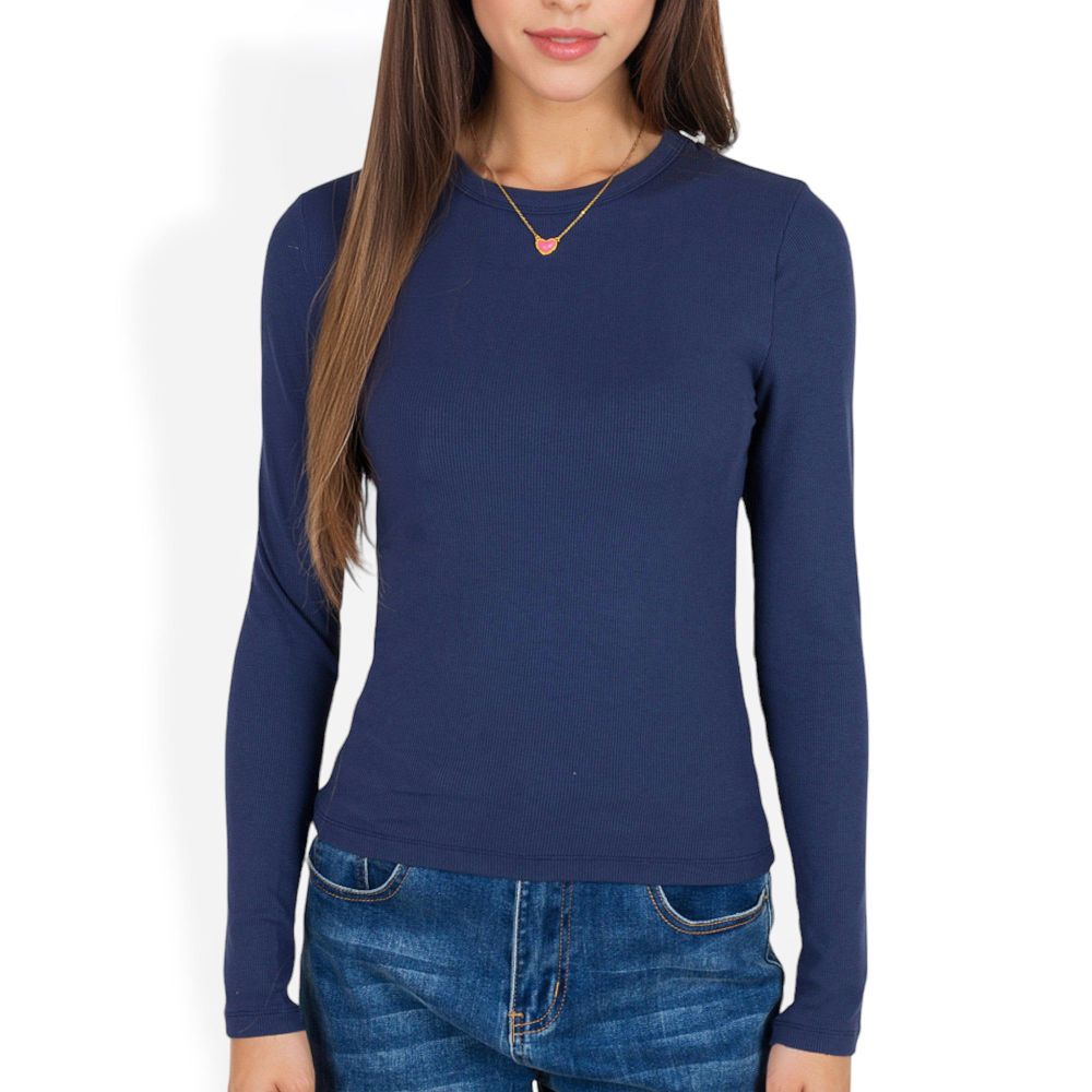 Ribbed Knit Long Sleeve Top with Crew Neck and Slim Fit Design