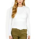 White Large Ribbed Knit Long Sleeve Top with Crew Neck and Slim Fit Design