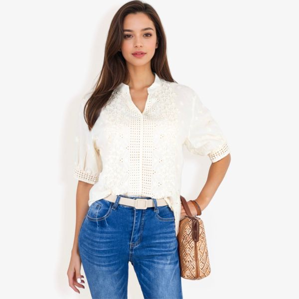 Embroidered Half Sleeve Blouse With V-Neck And Eyelet Detailing