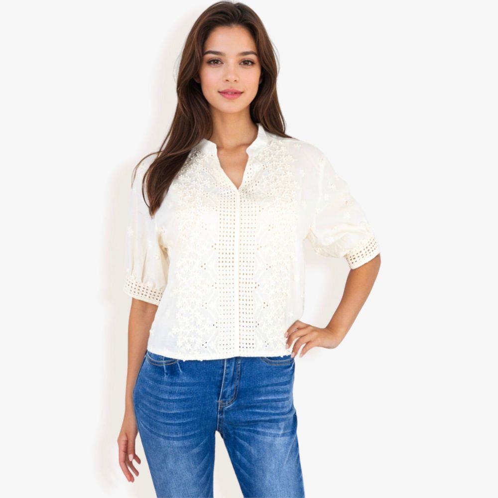 Embroidered Half Sleeve Blouse With V-Neck And Eyelet Detailing