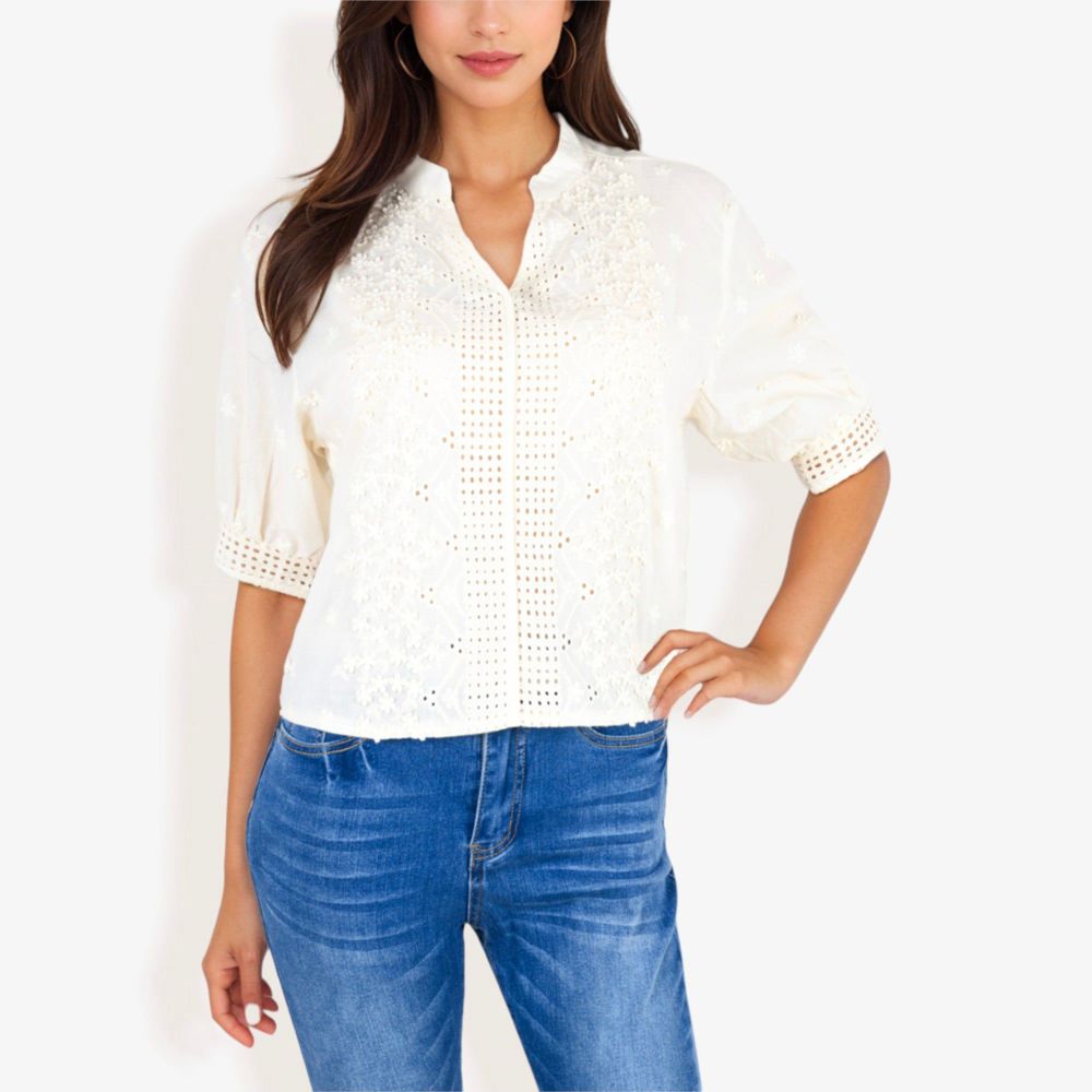 Embroidered Half Sleeve Blouse With V-Neck And Eyelet Detailing