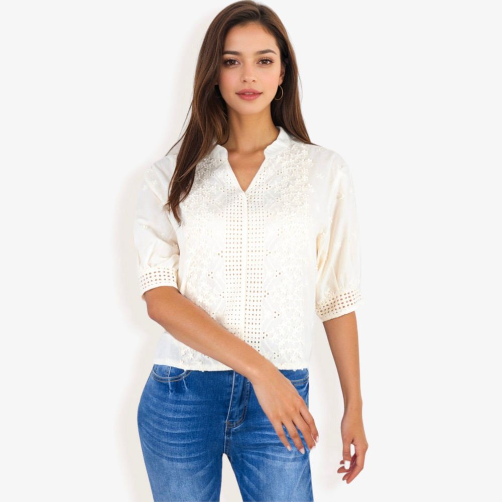 Embroidered Half Sleeve Blouse With V-Neck And Eyelet Detailing