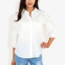  3/4 Sleeve Button Down Shirt With Embroidered Eyelet Details And V-Neck Collar