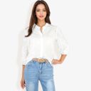  3/4 Sleeve Button Down Shirt With Embroidered Eyelet Details And V-Neck Collar