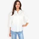  3/4 Sleeve Button Down Shirt With Embroidered Eyelet Details And V-Neck Collar