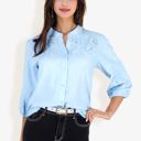 Blue Large 3/4 Sleeve Button Down Shirt With Embroidered Eyelet Details And V-Neck Collar