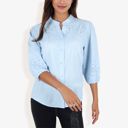 Blue Large 3/4 Sleeve Button Down Shirt With Embroidered Eyelet Details And V-Neck Collar