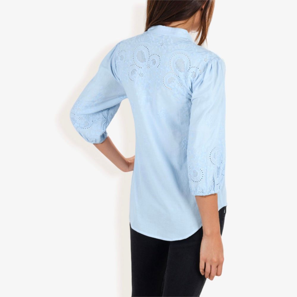 3/4 Sleeve Button Down Shirt With Embroidered Eyelet Details And V-Neck Collar