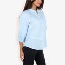 Blue Large 3/4 Sleeve Button Down Shirt With Embroidered Eyelet Details And V-Neck Collar