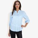 Blue Large 3/4 Sleeve Button Down Shirt With Embroidered Eyelet Details And V-Neck Collar